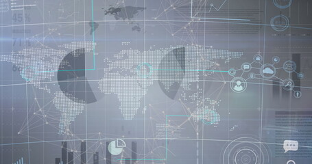 Image of digital icons and data processing over world map on grey background