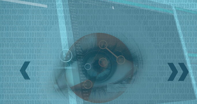 Image of interface with scope scanning woman's eye and fast scrolling digital information
