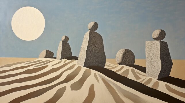 Surreal landscape with geometric rock formations under a bright sun or moon.