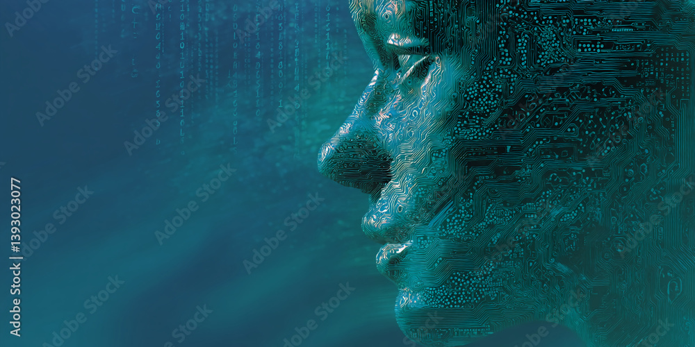 Poster profile of a face textured like a circuit board, set against a teal background with falling binary c