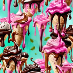 Ice Cream Pattern. Seamless background shows pink ice cream cones with dripping chocolate against bright backdrop. Repetitive sweets pattern