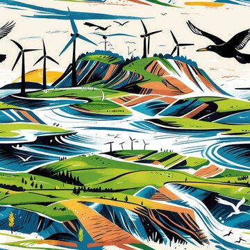 Green landscape seamless pattern background with wind turbines, hills, birds, and flowing water in varied colors.