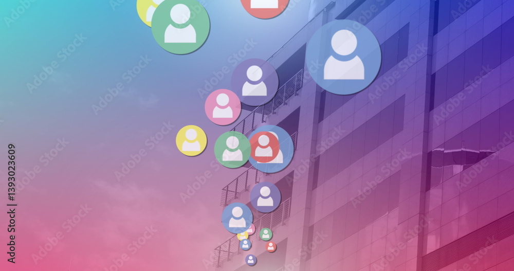 Aufkleber digital composition of multiple profile icons floating against tall buildings