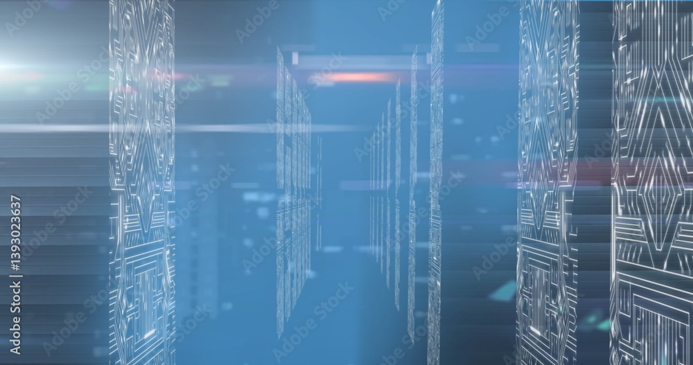 Poster image of data processing with light trail on computer servers on blue background