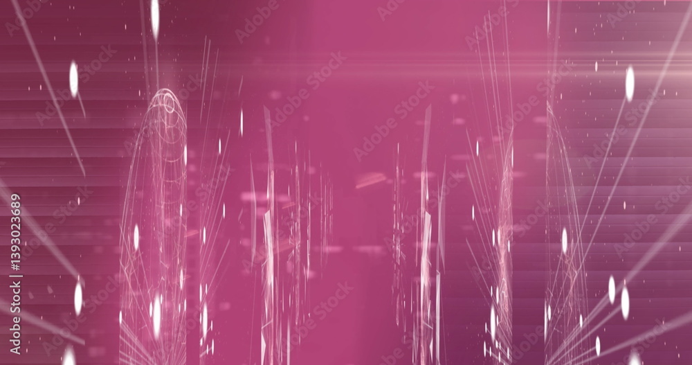 Poster image of scopes scanning and globes spinning with networks of connections on pink background