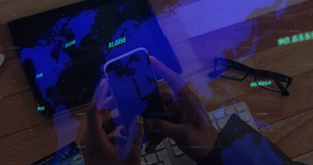 Image of financial data processing over person using smartphone