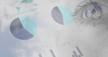 Image of financial data processing with statistics over woman's eye