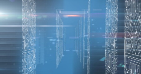 Image of data processing with light trail on computer servers on blue background