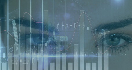 Image of financial data processing with statistics over woman's face