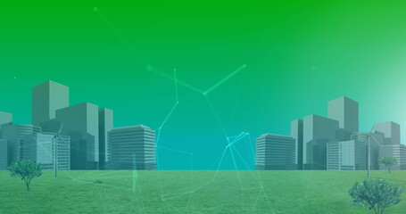 Image of networks of connections over cityscape on green background