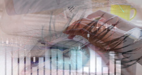 Image of financial data processing with statistics over woman's eye and man typing