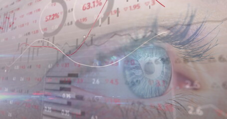 Image of financial data processing over woman's eye