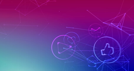 Image of digital icons over network of connections on pink to purple background