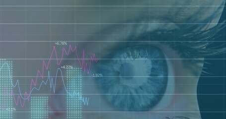 Image of financial data processing with statistics over woman's eye