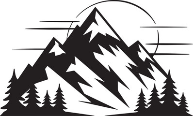 Obraz premium Black And White Mountain Landscape With Trees And Sun