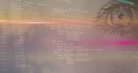 Image of data processing with light trails over woman's eye