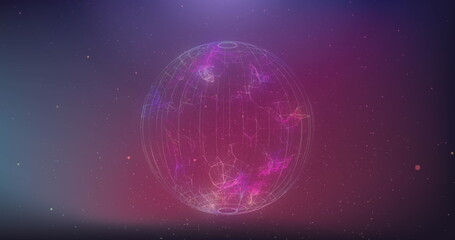 Image of spinning globe of connections with particles over pink background