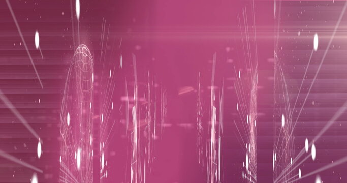 Image of scopes scanning and globes spinning with networks of connections on pink background