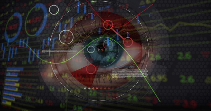 Image of financial data processing and scope scanning over woman's eye