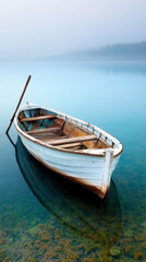 Obraz premium Tranquil Misty Lake with Solitary Boat at Dawn. AI generative.