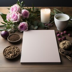 Obraz premium A blank blush-toned booklet rests on a wooden surface amongst pink roses, a lit candle, a mug, and small bowls of grains