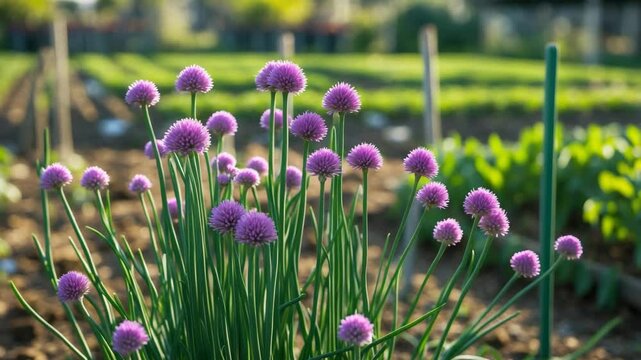 Allotment garden in the Netherlands showcasing purple flowering chive plants and bean supports.