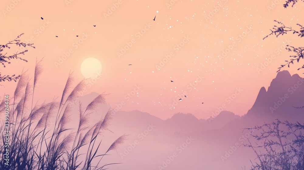 Aufkleber Dreamy sky gradient from peach to lavender with scattered stars in the twilight, offering a serene backdrop for contemplative moments