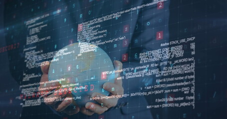 Image of data processing over businessman holding globe on blue background