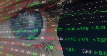 Image of financial data processing over woman's eye on black background