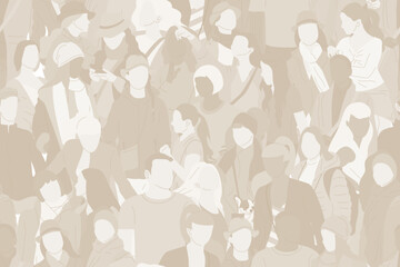 Seamless pattern with monochrome beige crowd of different people, pastel color men and women. Diversity concept. Pedestrians at rush hour walking. Vector illustration.