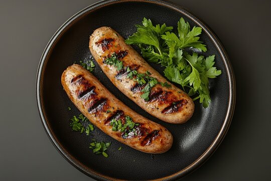 Botifarra sausages in black frying pan, cooked golden brown. Fresh parsley sprig enhances dish. Concept of Botifarra highlights Catalan sausage dish beautifully.