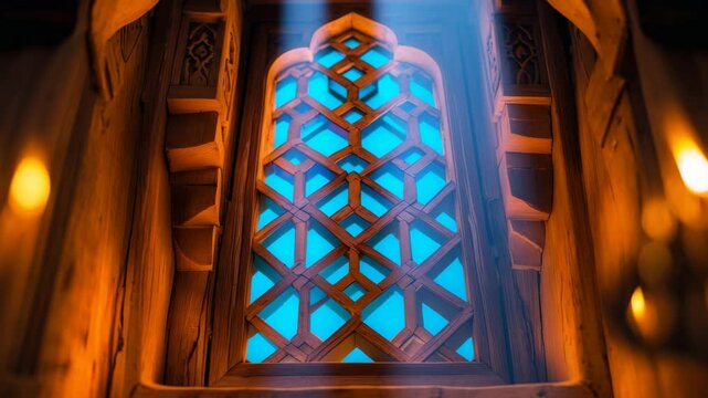 Ancient window with geometric patterns and colorful glass in a wooden frame.