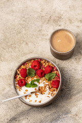 yogurt with granola, oatmeal, raspberries, mint, breakfast, Easter