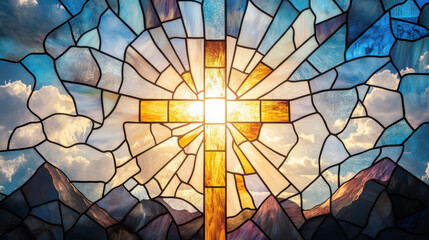 Cross in radiant light – Christian stained glass symbolizing faith, hope, and spirituality. AI generative.