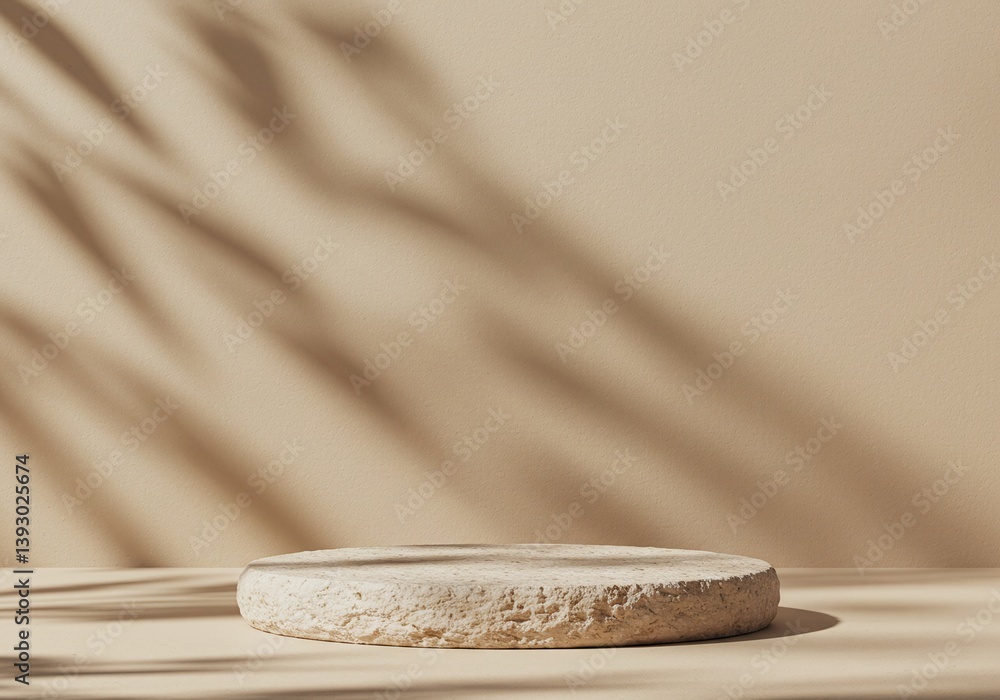 Poster a stone platform in a neutral setting with shadows, perfect for product display. the scene is minima