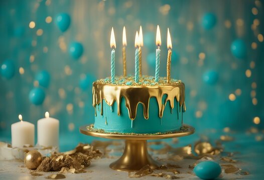 cake beautiful birthday gold turquoise drip candles copy space candle party template artisan bright celebration sprinkle decorated sweet blue homemade frosted luxury no people baked frosting fun