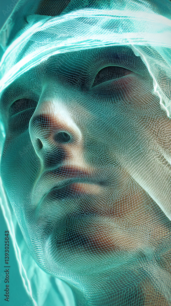 Poster close-up of a face covered by a teal mesh, creating an abstract and textured appearance, symbolizing
