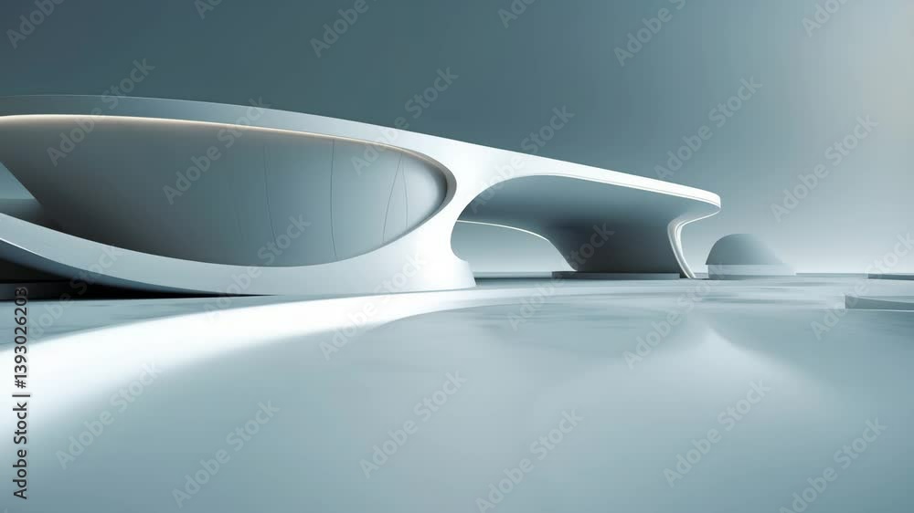 Poster 3d visualization of an abstract curved architectural design with an empty concrete floor.