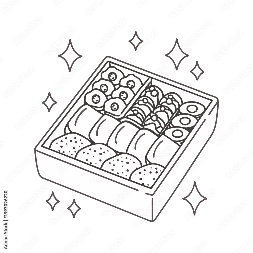 Poster vector bento box filled with assorted sushi in clean black line art style with sparkles and simple d