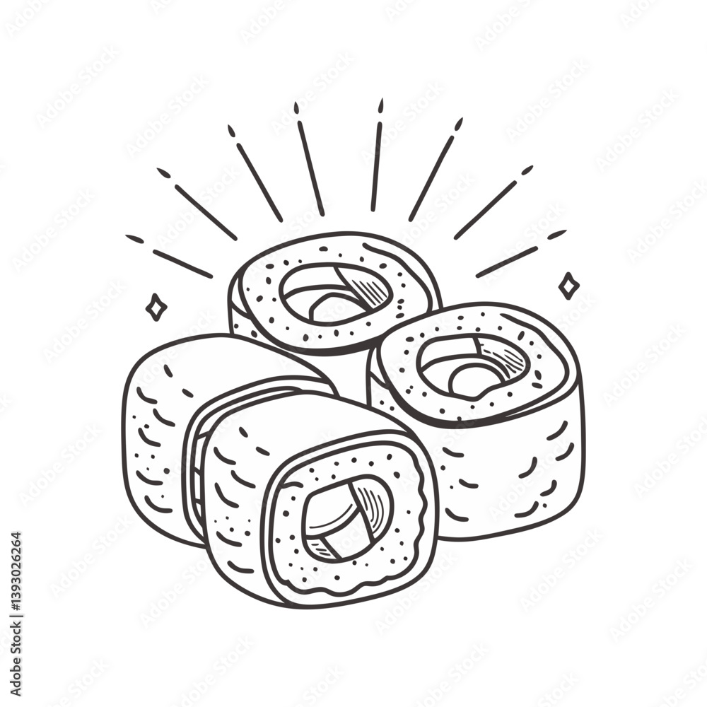 Poster vector sushi roll set in simple black line art style with radiating lines and minimal detail