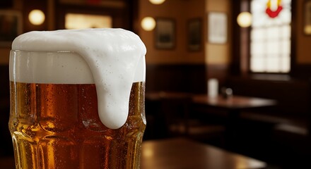 Beer mug mockup with foam overflowing and a blurred pub background
