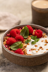 yogurt with granola, oatmeal, raspberries, mint, breakfast, Easter