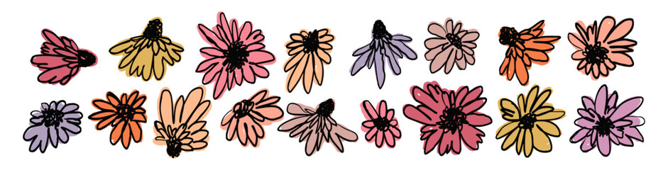 Hand drawn black ink abstract wild flowers set isolated on white background. Monochrome scribble style daisy blooms bundle. Sketchy minimalist floral designs collection.