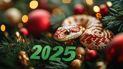 Fototapeta premium Festive Snake Among Holiday Decor and New Year 2025 Elements