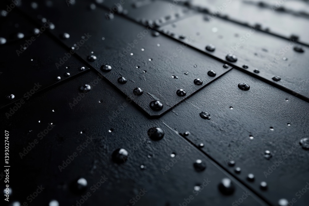 Poster close-up view of raindrops on smooth black surface with textured panels in soft light