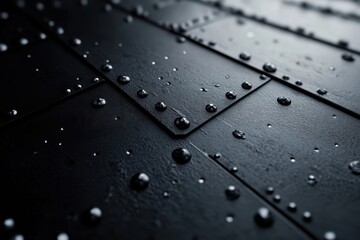 Close-Up View of Raindrops on Smooth Black Surface with Textured Panels in Soft Light
