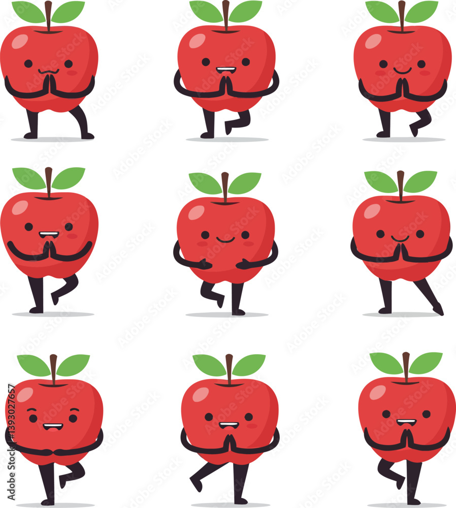 Poster playful red apples with limbs showcasing various cheerful expressions in a flat vector art style