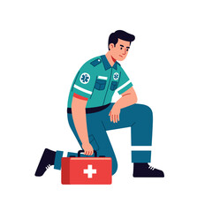 A Paramedic's Calm: A dedicated paramedic kneels, holding a first aid kit, ready to respond with calm expertise. This image captures the essence of professional healthcare and emergency response.
