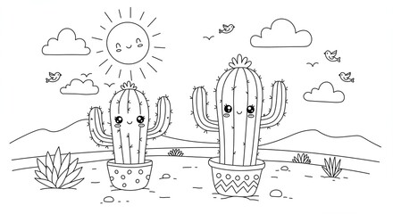 Obraz premium Cute Cartoon Cactus Landscape with Happy Sun and Desert Plants