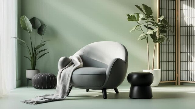 Armchair, houseplant, pouf, and folding screen arranged against the wall in the room.